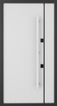 Входная полуторная дверь с длинной ручкой и панелями серого и белого цвета