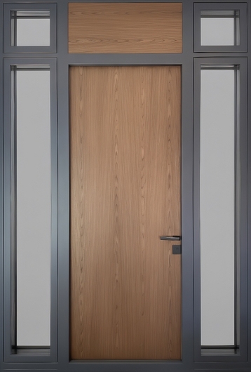 Современная входная группа с остеклением, бугельной ручкой и панелями МДФ RAL графит и ПВХ