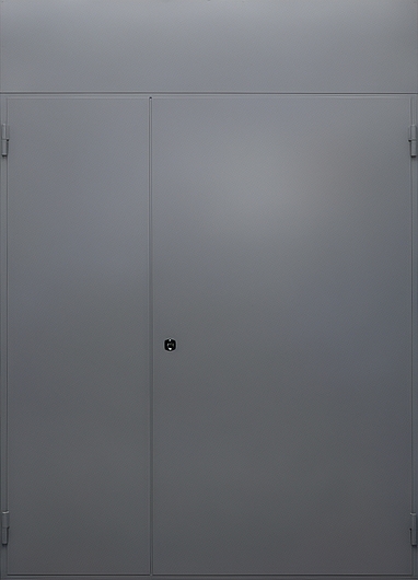 Полуторастворчатая металлическая дверь с глухой фрамугой и серым полимерным покрытием